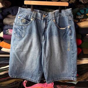 Makaveli Branded Mens Baggy Denim Shorts Light Wash Embroidered Size 38 2Pac